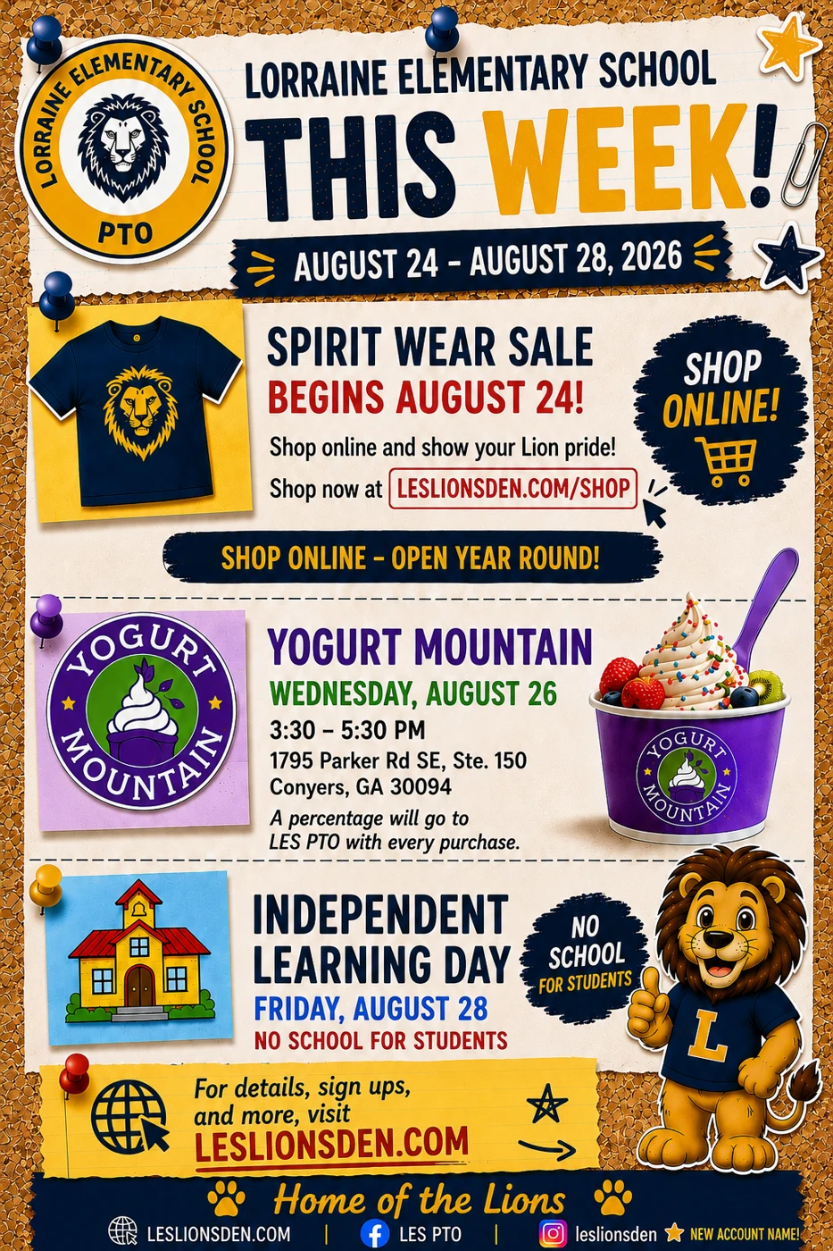 This Week flyer for Lorraine Elementary PTO, August 24–28, 2026: Spirit Wear Sale, Yogurt Mountain fundraiser August 26 from 3:30–5:30 PM, and Independent Learning Day August 28.